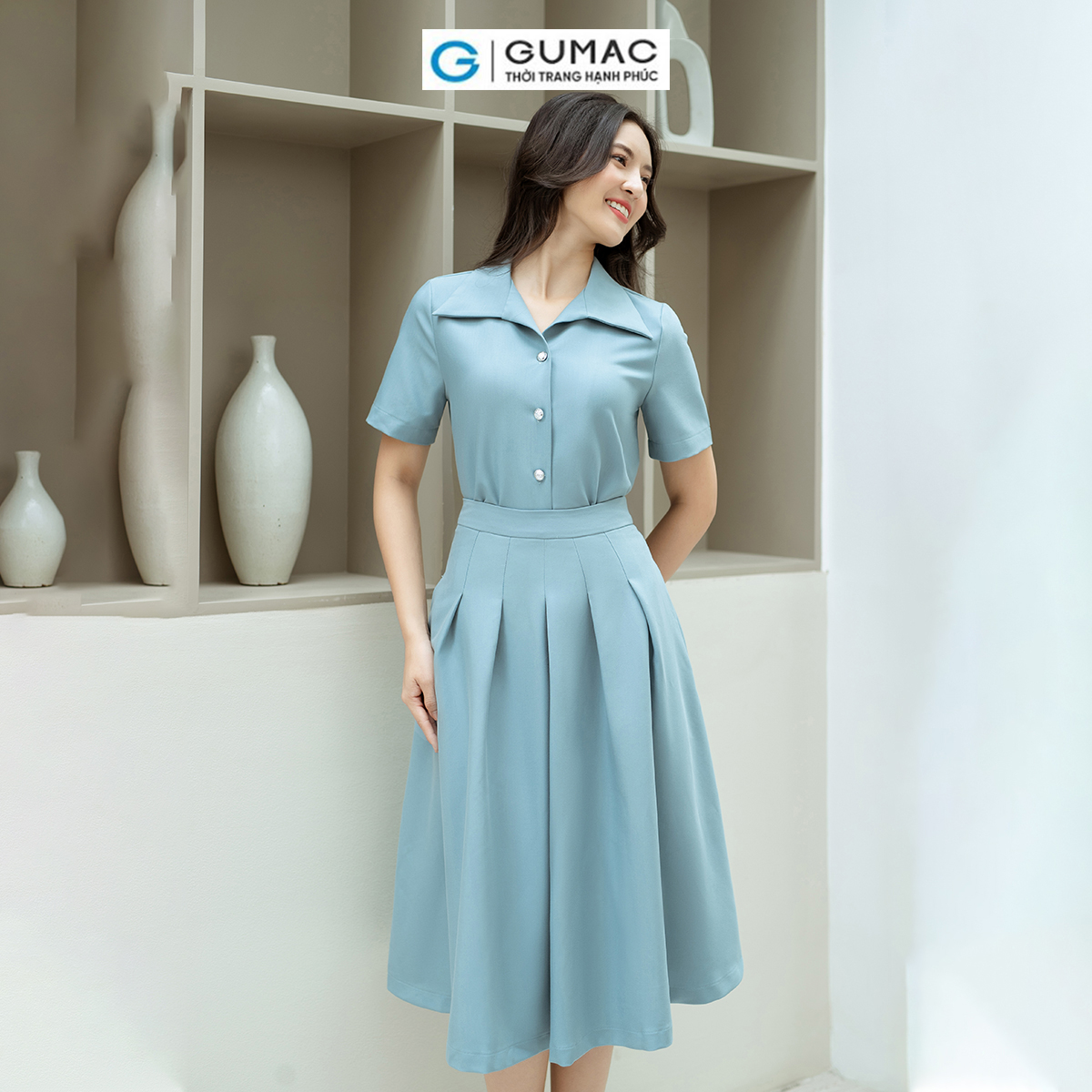 Set lẻ Áo kiểu tay ngắn GUMAC AD08028 - Chân váy A xếp ly GUMAC VD08037