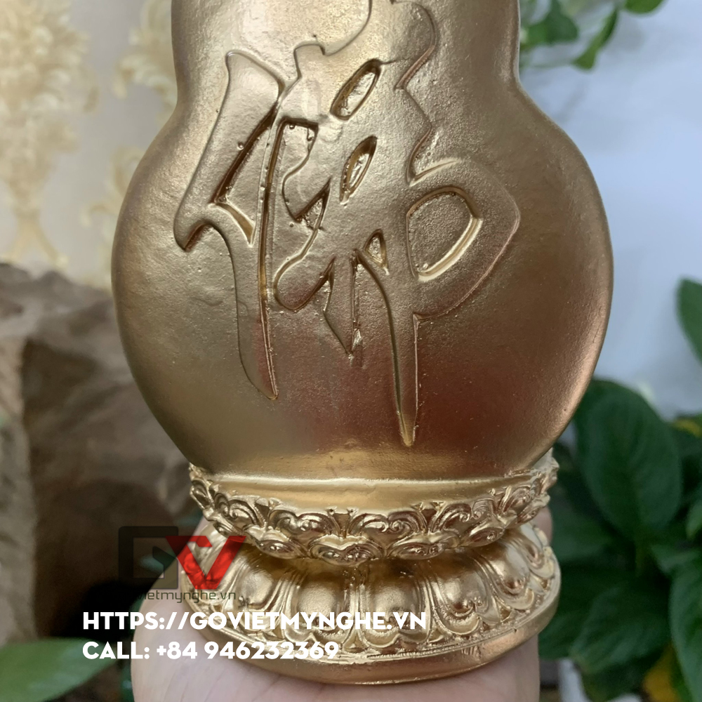 Tượng đá Quan Thế Âm Bồ Tát ngồi đài sen + chữ "Phật" - Chiều cao 15cm - Màu nhũ đồng