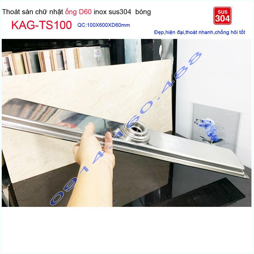 Phễu thoát sàn 10x60cm KAG-TS100, thoát sàn nhà tắm hình chữ nhật Inox SUS304 bóng cao cấp