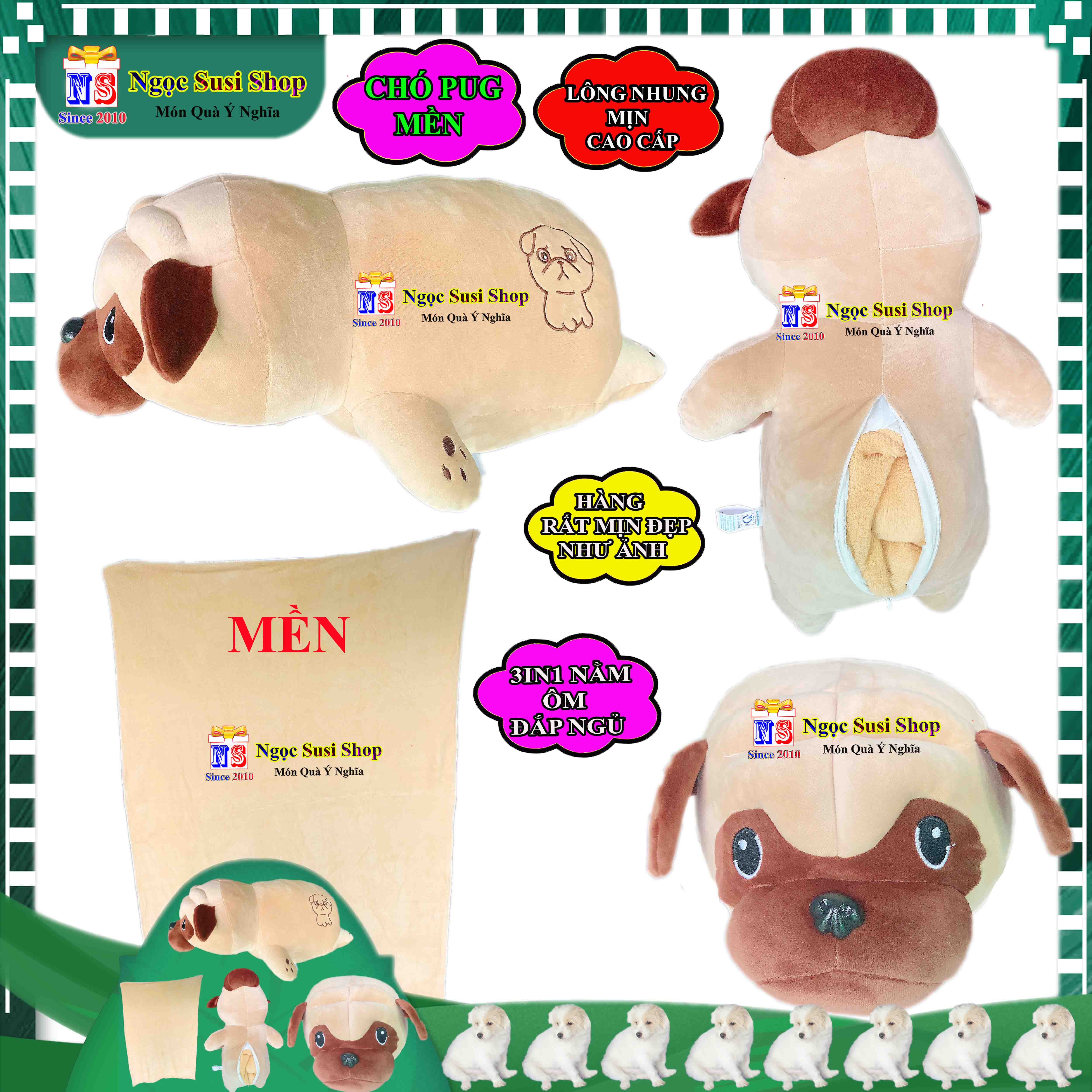 THÚ BÔNG MỀN 3IN1 CON CHÓ PUG NẰM ÔM ĐẮP MỀN NGỦ RẤT ĐẸP - GẤU BÔNG CHÓ PUG MỀN 3IN1