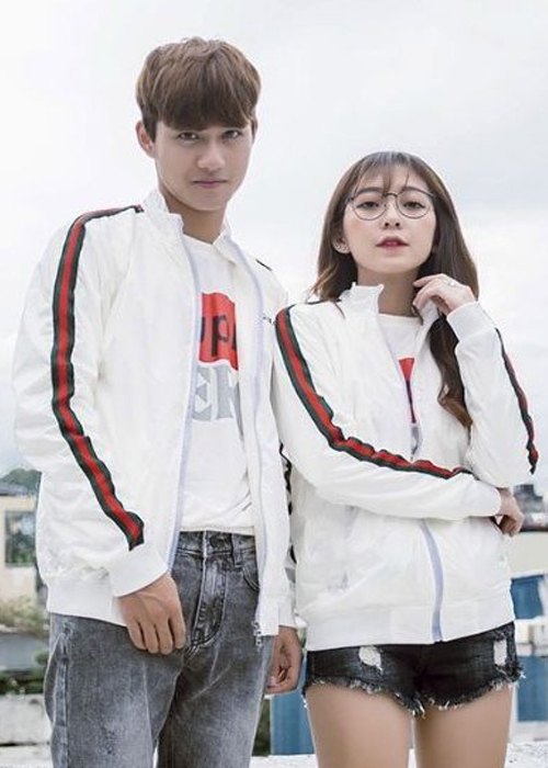 Áo khoác dù cặp đôi màu trắng tay sọc