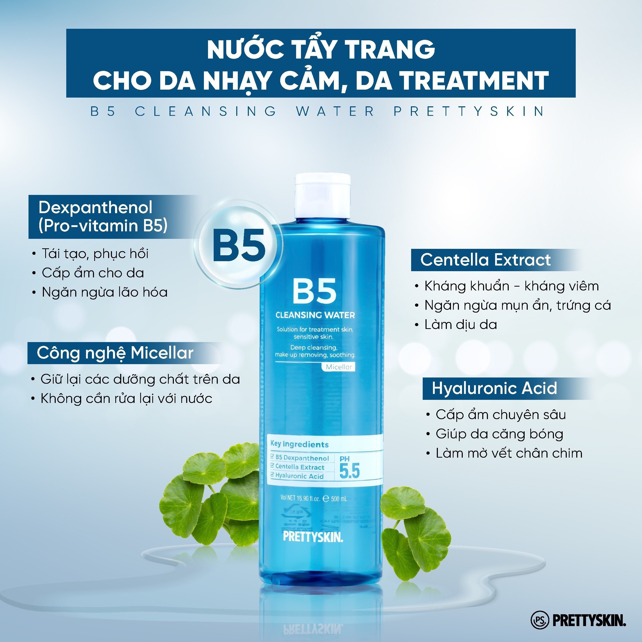 Nước tẩy trang dưỡng ẩm, dịu nhẹ B5 Pretty Skin Cleansing Water dành cho da nhạy cảm, da treatment 500ml