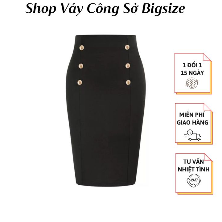 Váy bút chì dáng ngắn thiết kế phối nút duyên dáng vải kaki thun co giãn, thoáng mát - Shop váy công sở Bigsize Ms09