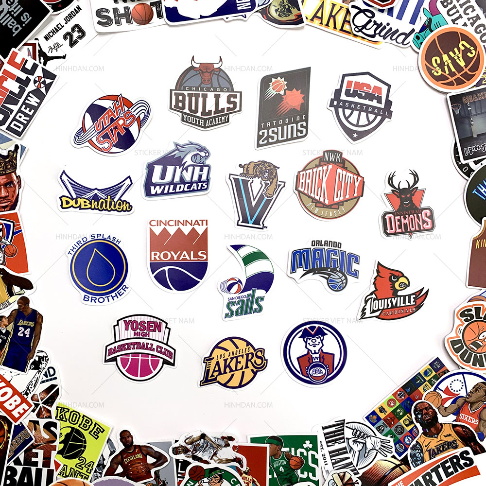 Sticker NBA Bóng Rổ - Chất Liệu PVC Chất Lượng Cao Chống Nước - Kích Thước 4-8cm