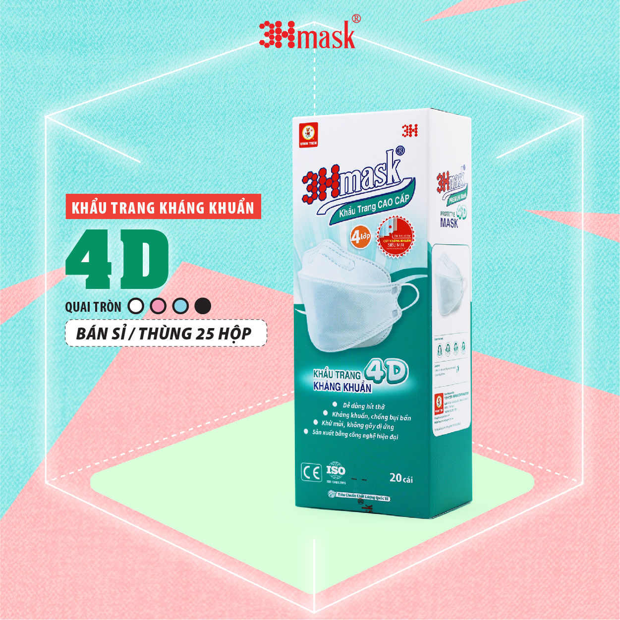 Khẩu Trang 3Hmask 4D Quai Tròn Trắng (20 cái) - Kháng Khuẩn Cao Cấp ôm khít mặt, không lem son