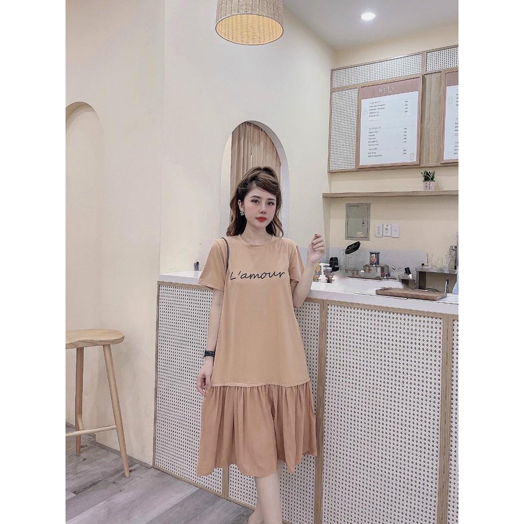 Váy suông thun cotton chân xếp kiểu phối màu, đầm xuông rộng freesize in chữ màu đen, nâu, be mã V238 - michi's House