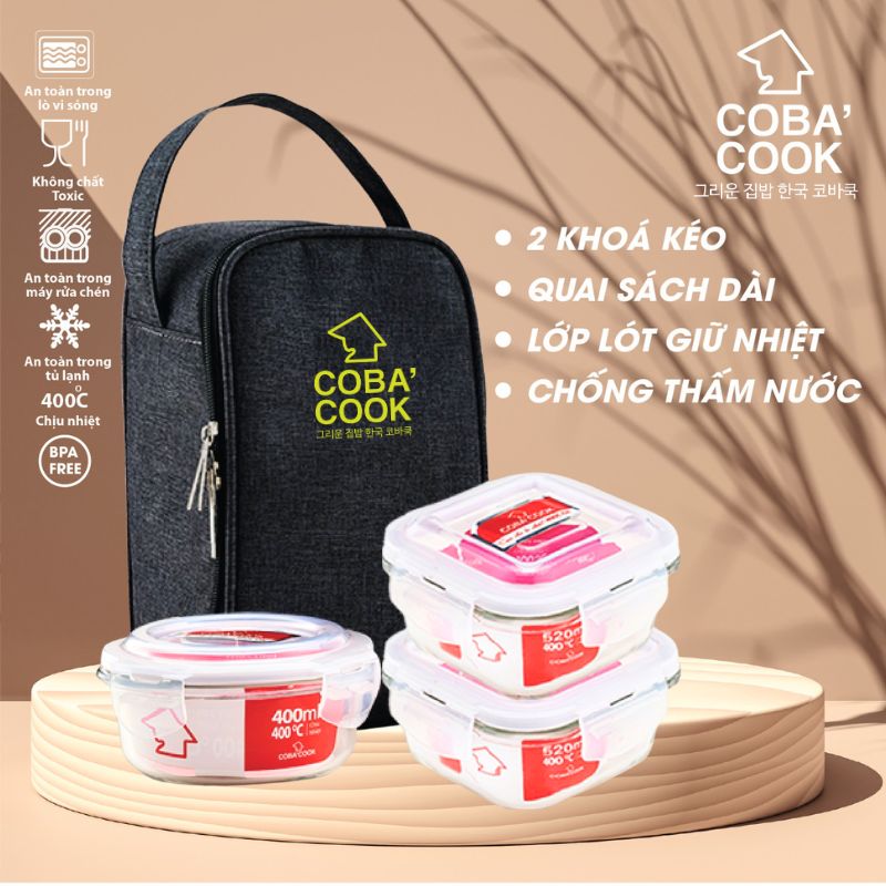 Bộ hộp cơm thủy tinh chịu nhiệt COBA'COCK 1 hộp tròn 400ml 2 hộp vuông 520ml và túi dài- CCR4S53BL