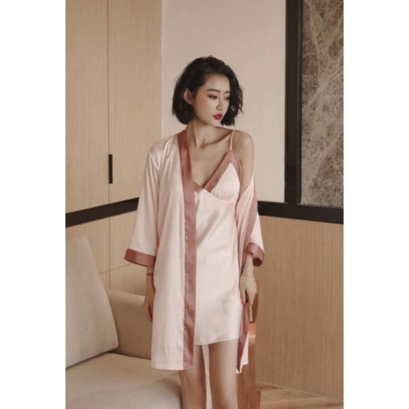 Set váy choàng váy ngủ lụa trơn viền sang trọng xinh xắn tặng kèm chip ren xinh xắn dễ thương