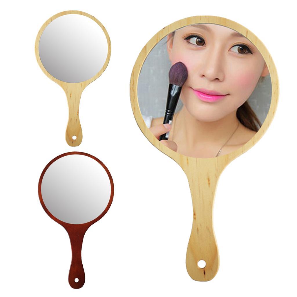 2Pcs Wooden Hand Mirror Handheld Mirror w/Handle for Make-up Shaving Tattoo