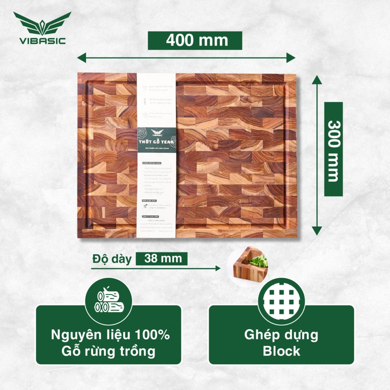 Thớt gỗ Teak Vibasic ghép dựng block kích thước 400x300x38mm, dùng để chặt - Hàng chính hãng Bộ Quốc Phòng