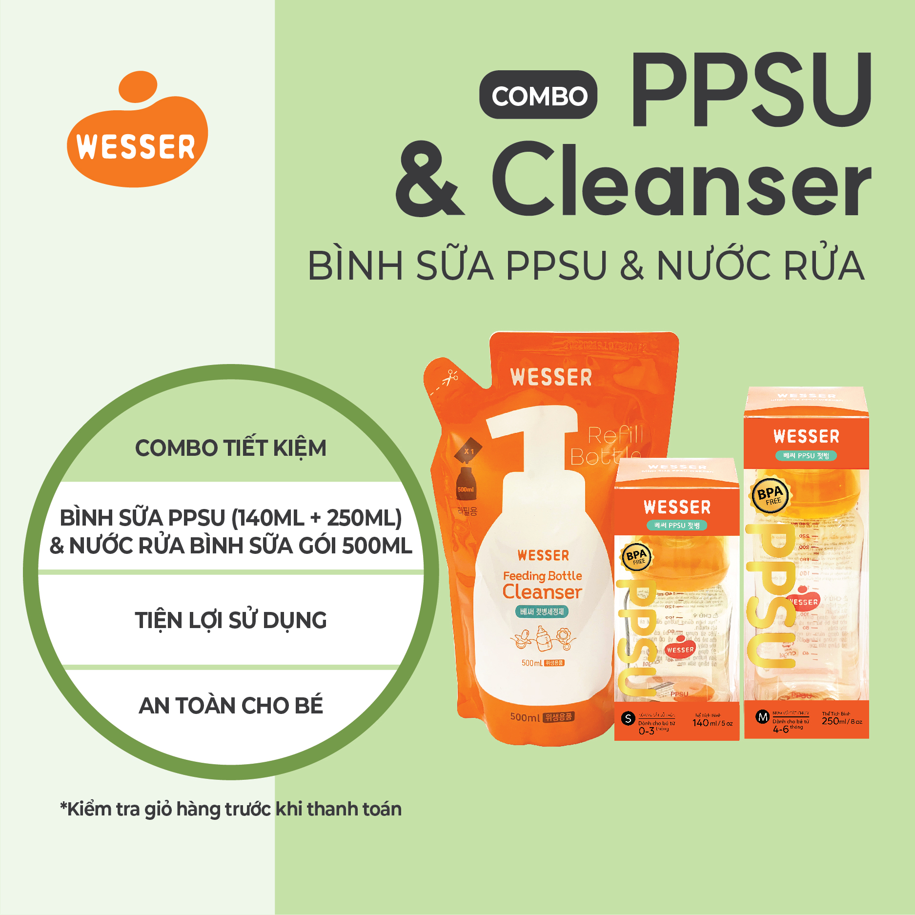 Combo 2 bình sữa Wesser PPSU ( 140ml + 250ml) + 1 Nước rửa bình sữa gói Wesser
