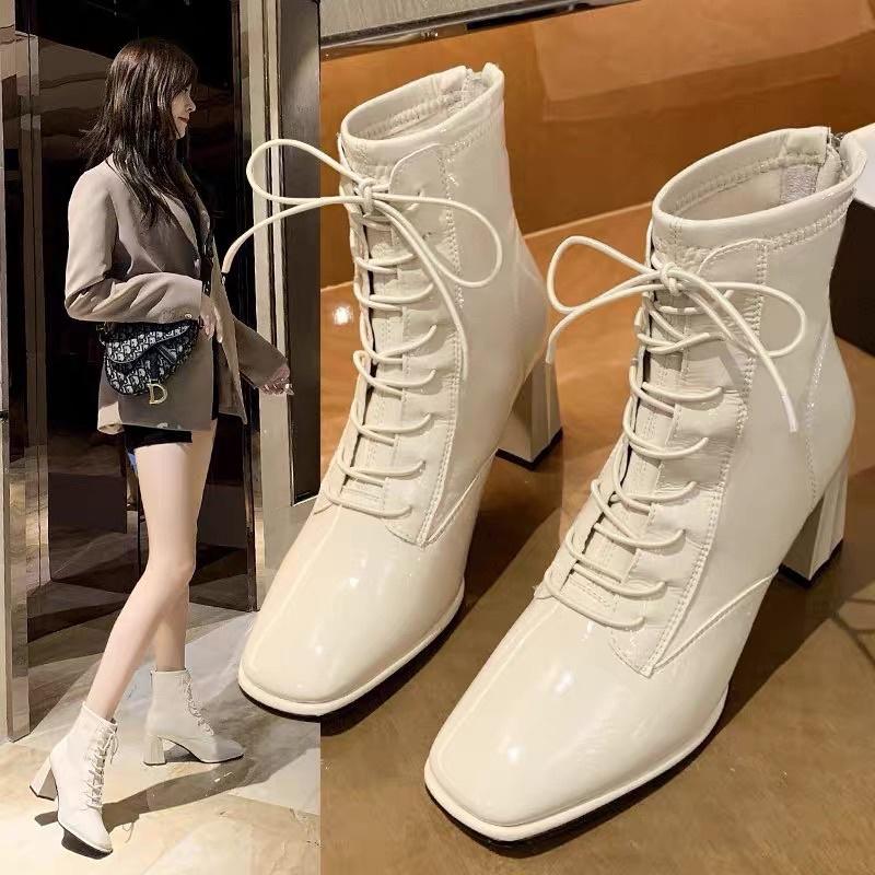 Giày Bốt Đế Vuông Cổ Lửng Buộc Dây 2 Dáng Phong Cách Thời Trang