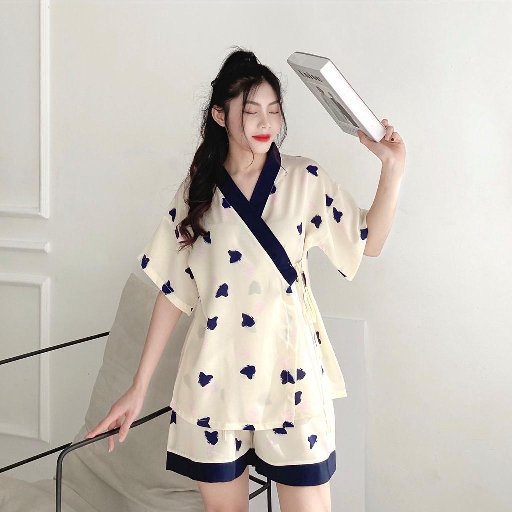 Bộ Kimono Nữ Họa Tiết Cộc Tay Set Ngủ Nữ Ngắn Tay Dây Buộc Eo 4 Màu