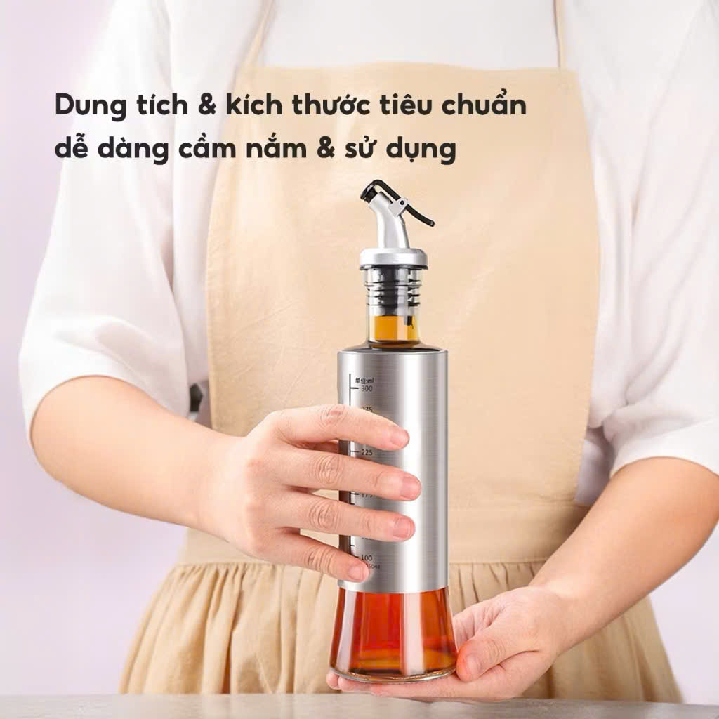 Chai Thủy Tinh Đựng Gia Vị Dầu Ăn 300ml - 500ml, Bình Đựng Nước Mắm Inox Cao Cấp Tiện Ích