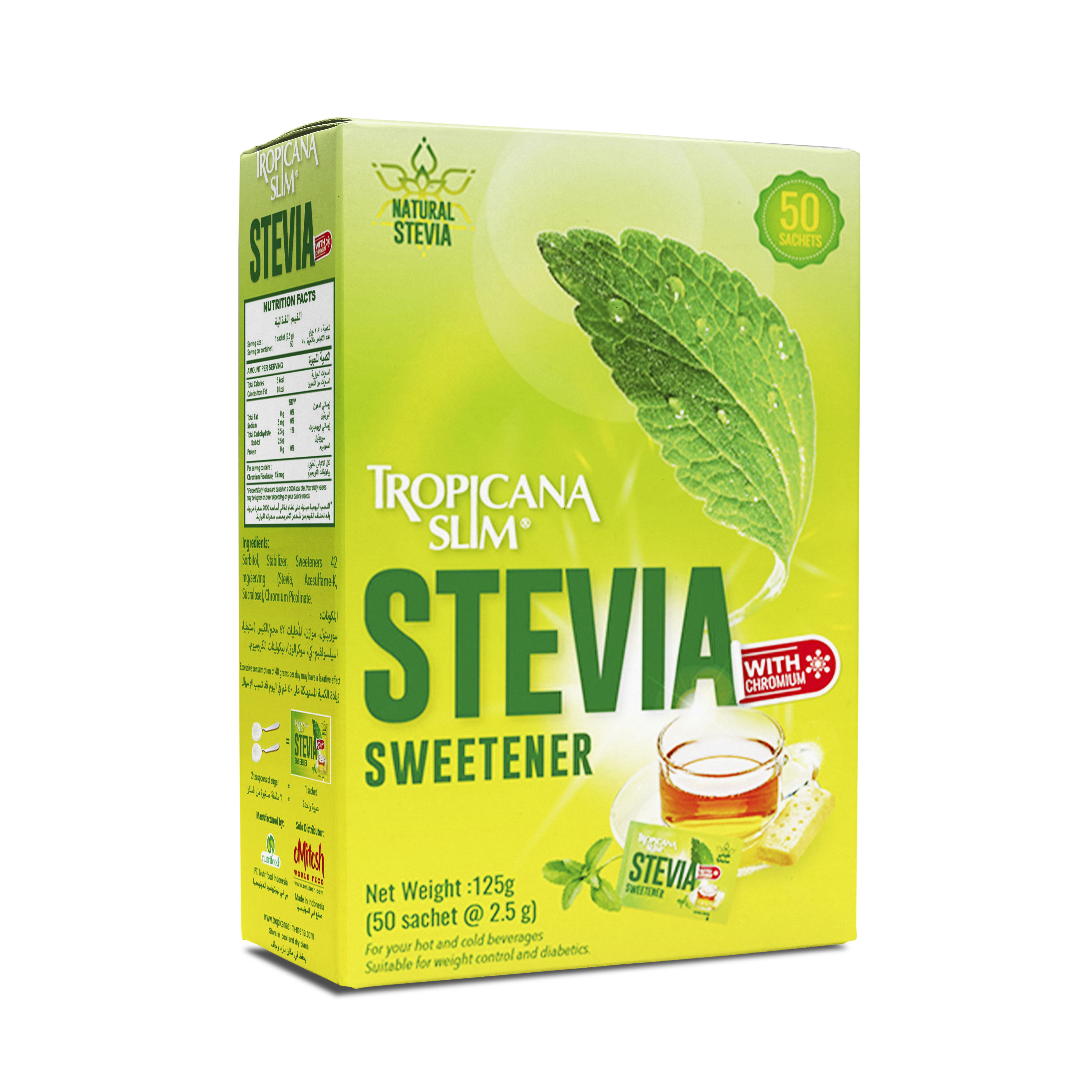 Đường Ăn Kiêng Tropicana Slim Stevia 125gr - Chiết Xuất Từ Lá Cỏ Ngọt Stevia 125g (50 x 2.5g)