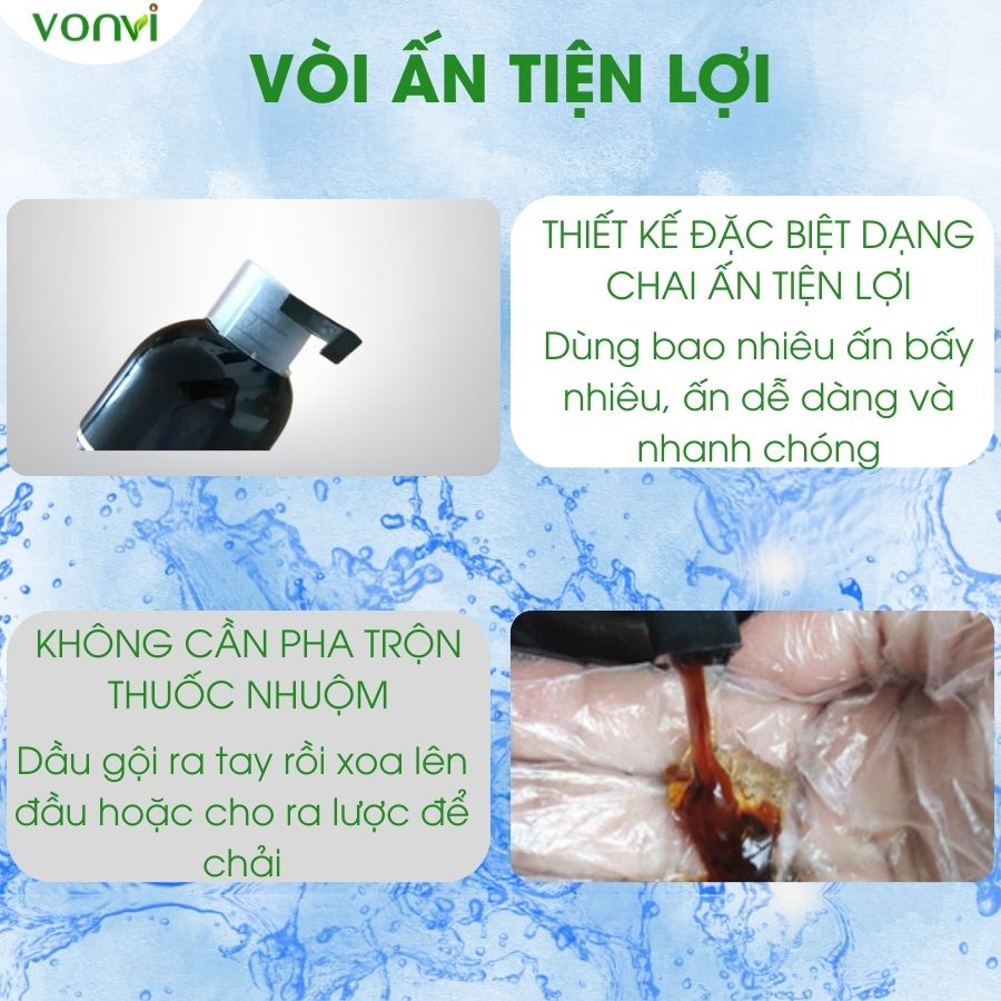 Dầu gội đen tóc VONVI tóc đen tự nhiên sau 10 phút tự phủ bạc dạng chai ấn 200 ml