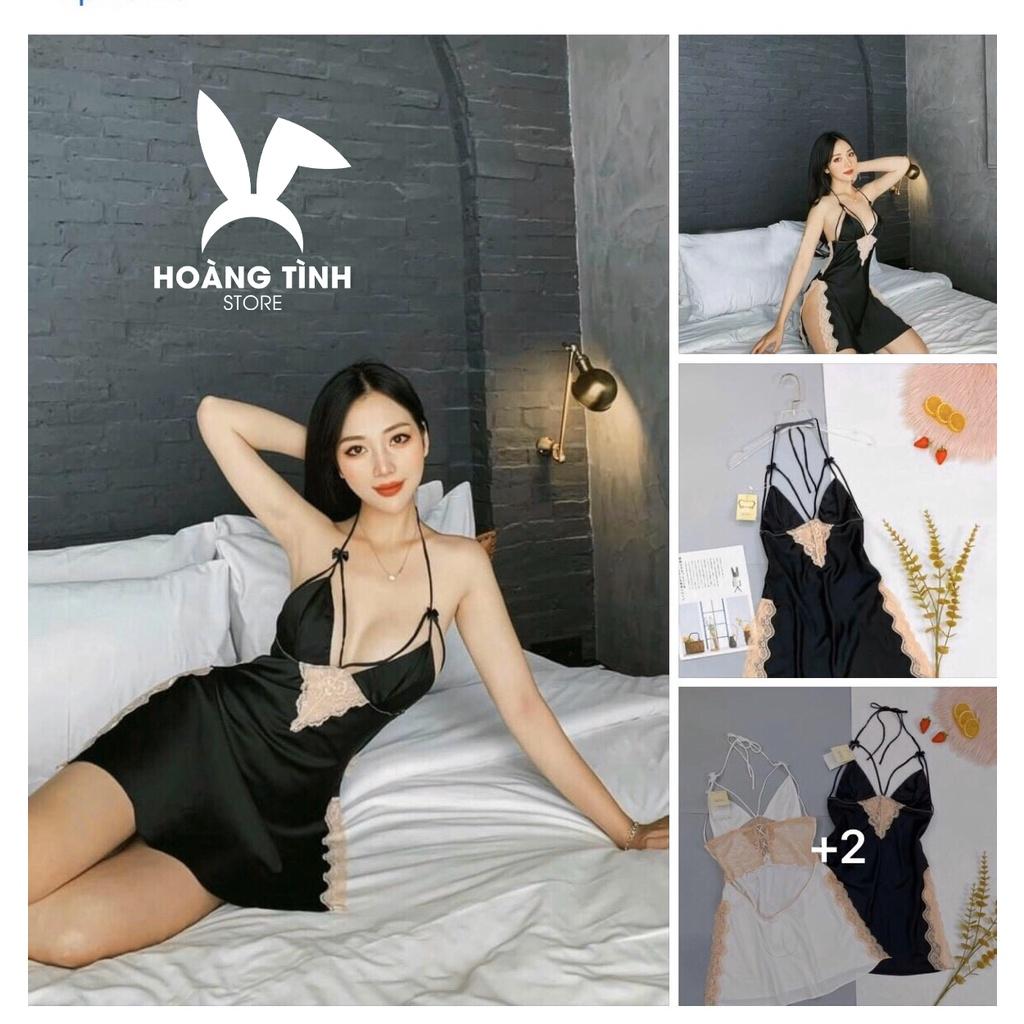 Váy ngủ sexy 2 dây gợi cảm lụa satin cao cấp Hoàng Tình Store phối ren eo cột dây lưng Freesize tặng kèm quần đùi cute