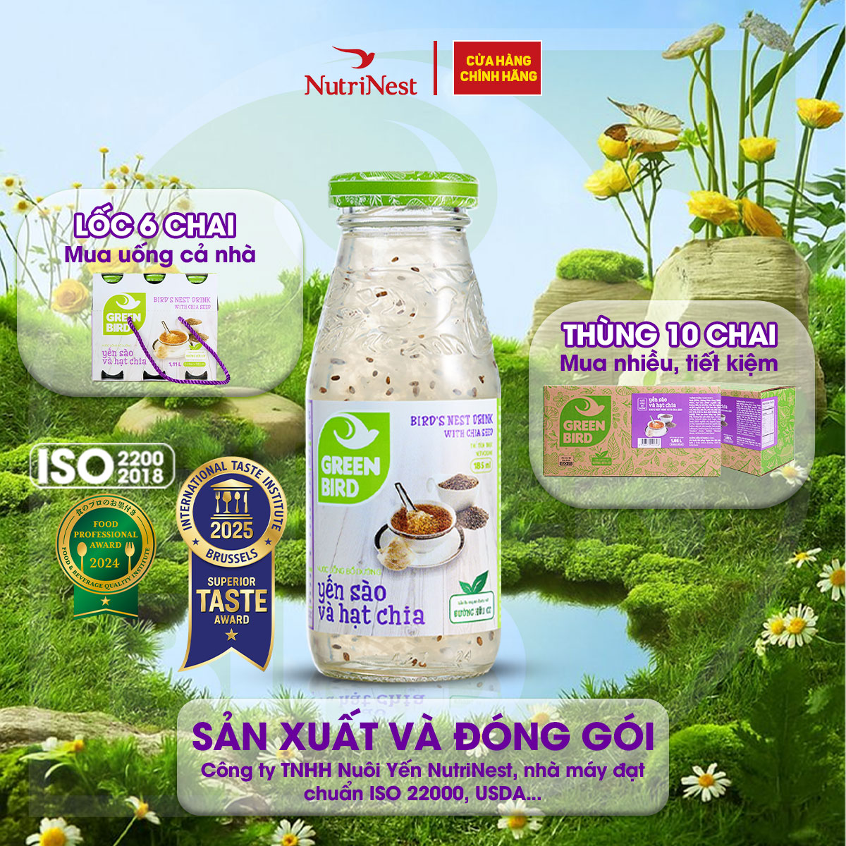 Nước Yến Và Hạt Chia Green Bird Thanh Mát Ngọt Nhẹ Chai 185ml