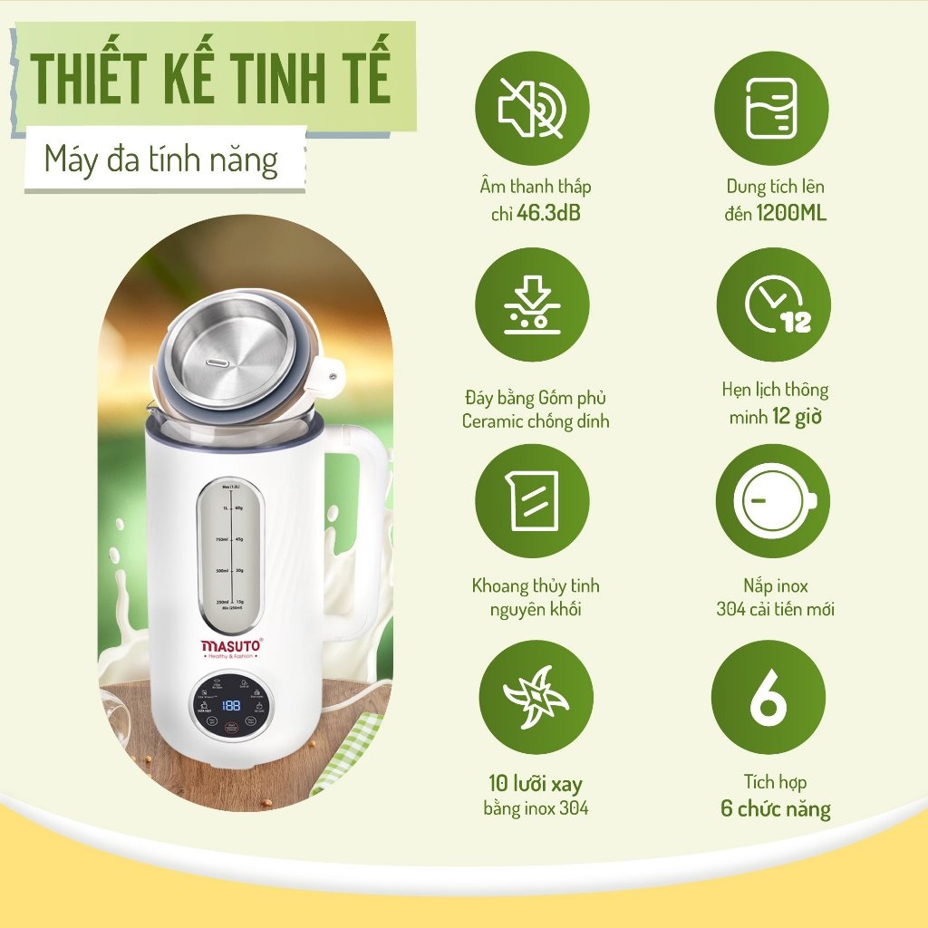 Máy làm sữa hạt Sothing Masuto MsLoveMax 1L thủy tinh nắp inox cường lực, xay hạt nhuyễn mịn chống trào, 6 chế độ nấu- Hàng chính hãng