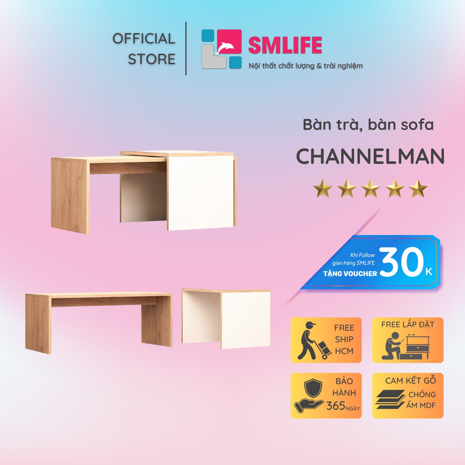 Bàn sofa hiện đại bằng gỗ công nghiệp SMLIFE Channelman