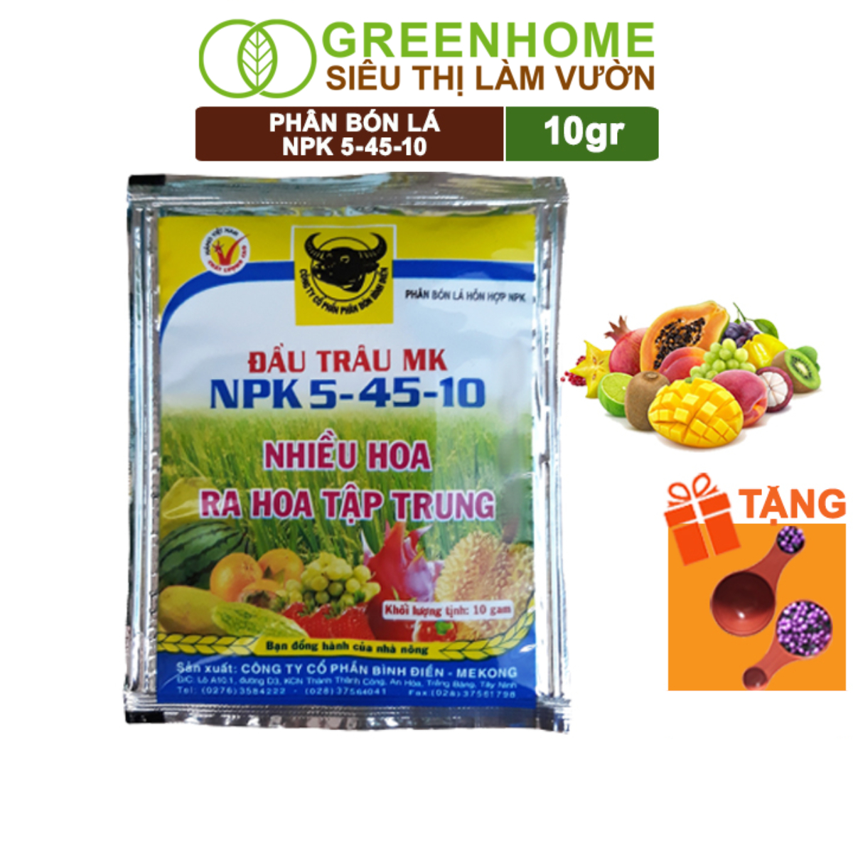 Phân Bón Npk 5-45-10, Greenhome, Đầu Trâu, Gói 10Gr, Phân Bón Kích Ra Hoa, Đậu Trái
