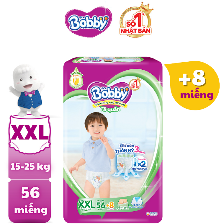 [MỚI] Tã/bỉm quần Bobby 3mm Gạo non XXL56 + 8