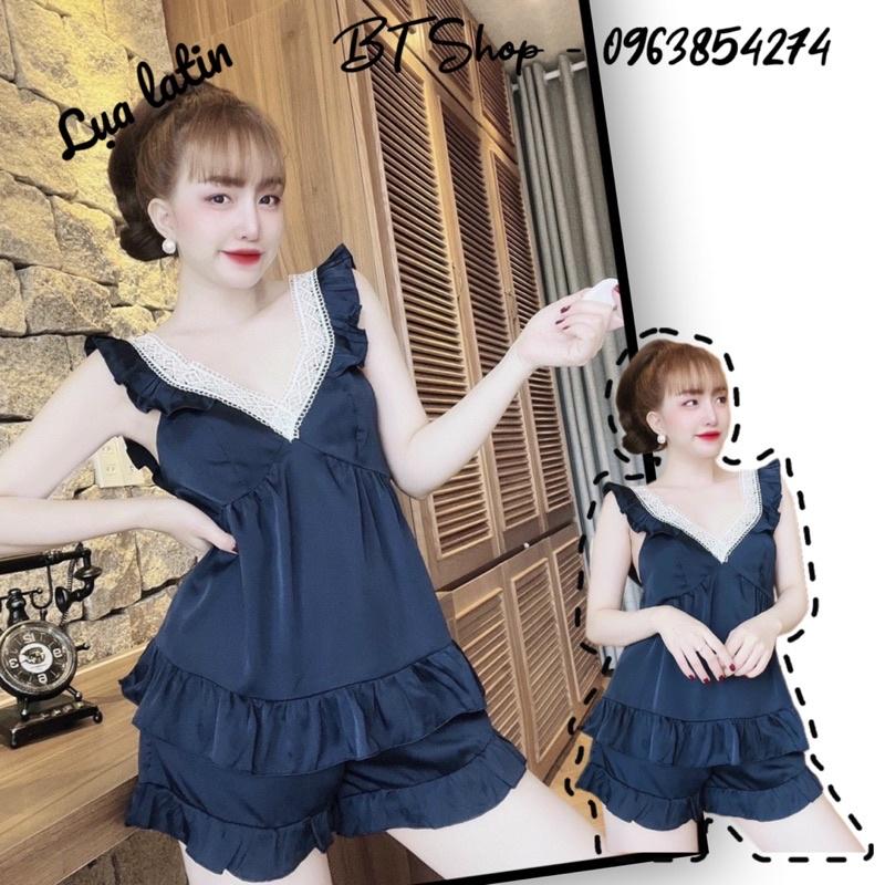 Đồ ngủ mặc nhà lụa latin cổ viền ren trơn đùi freesize 42-57kg