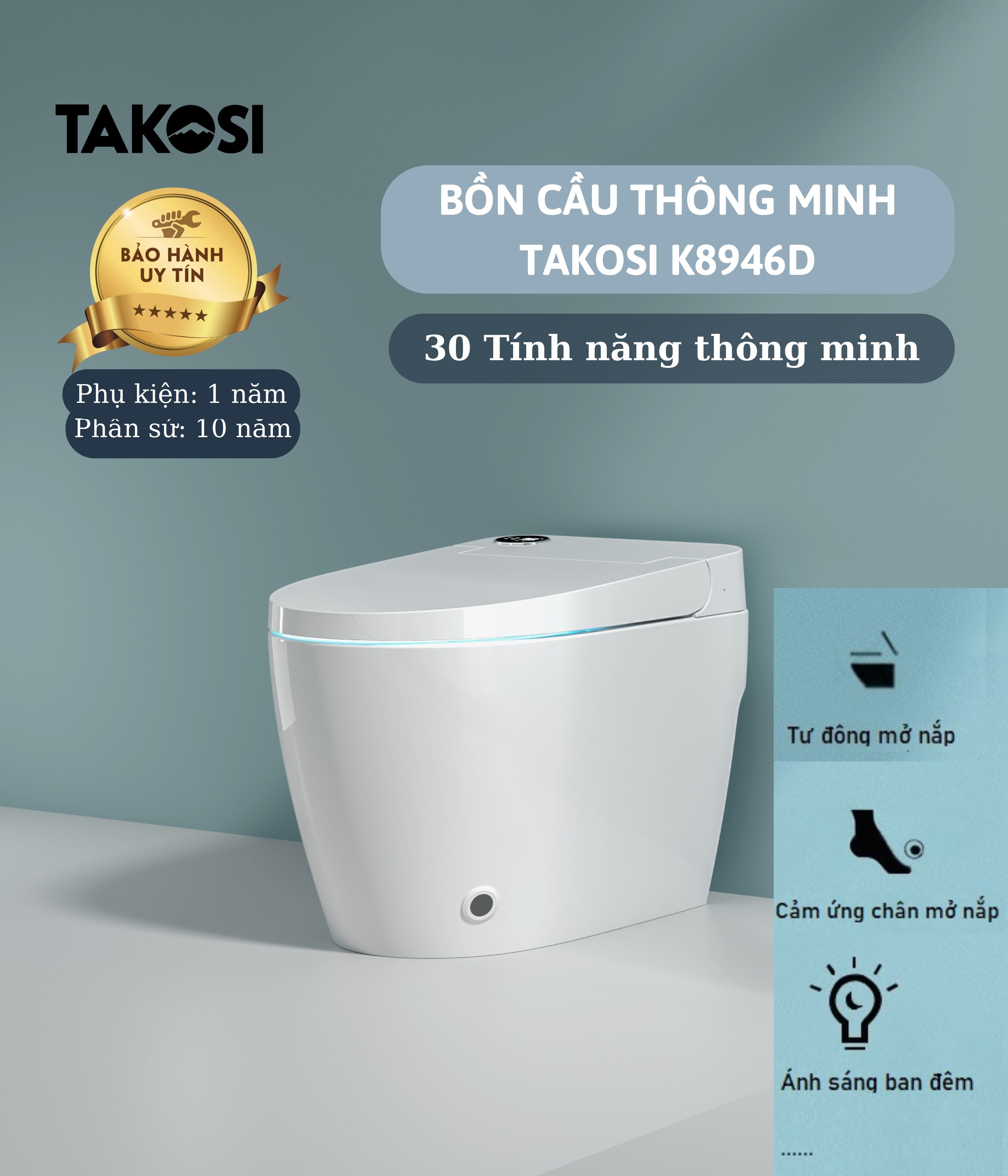 Bồn cầu thông minh xịt nước tự động đa chức năng TAKOSI K8946D dùng gia đình, khách sạn-hàng chính hãng bảo hành 10 năm