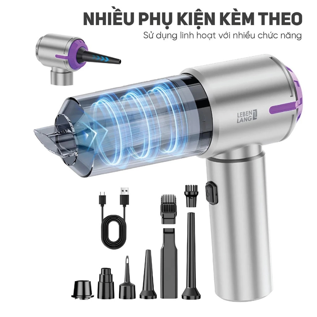 Máy hút bụi cầm tay mini không dây Lê Bên Làng LBL1663, tích hợp hút & thổi 2 trong 1, công suất 12000Pa, pin sạc 2000mAh cho 4h sử dụng - Hàng chính hãng