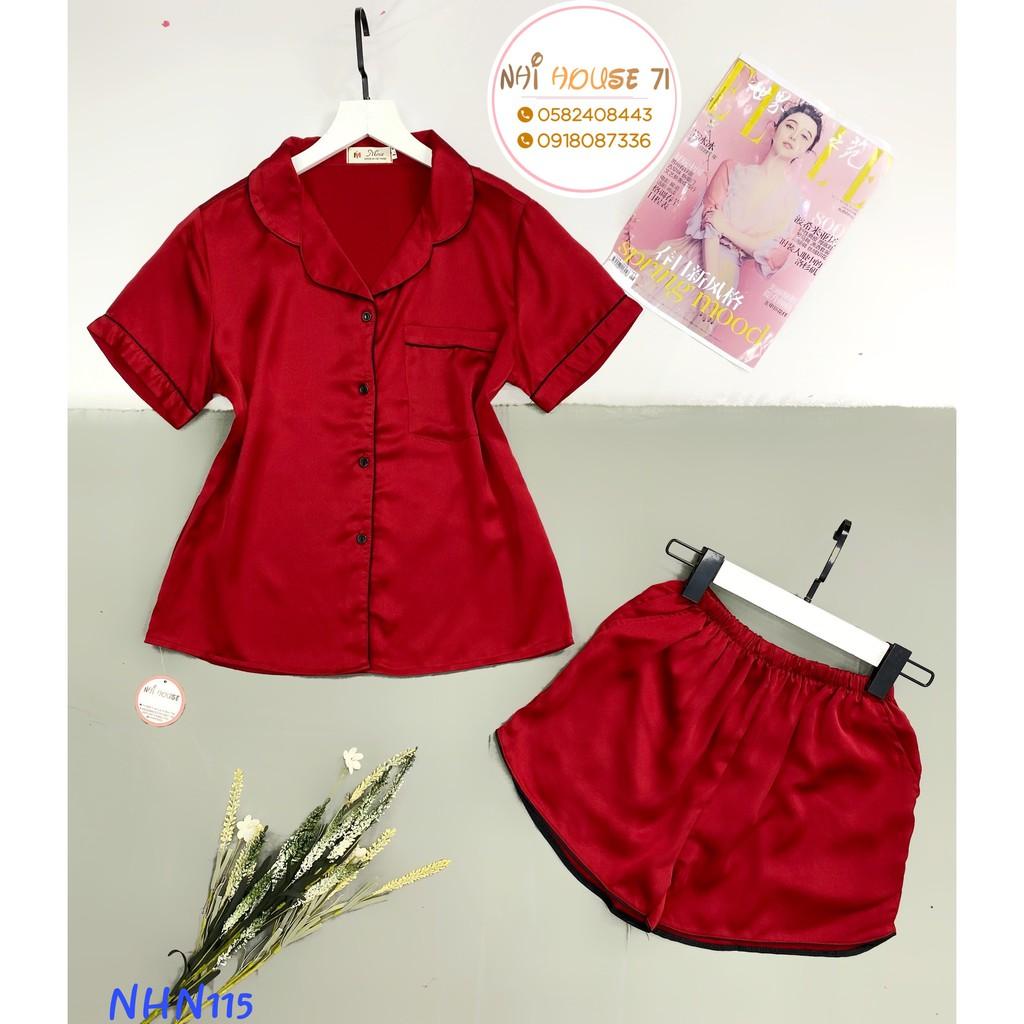 Bộ Mặc Nhà Nữ NHIHOUSE71 Pijama Lụa Satin Quần Ngắn Tay Ngắn Trơn Viền Phối Freesize 45-55kg