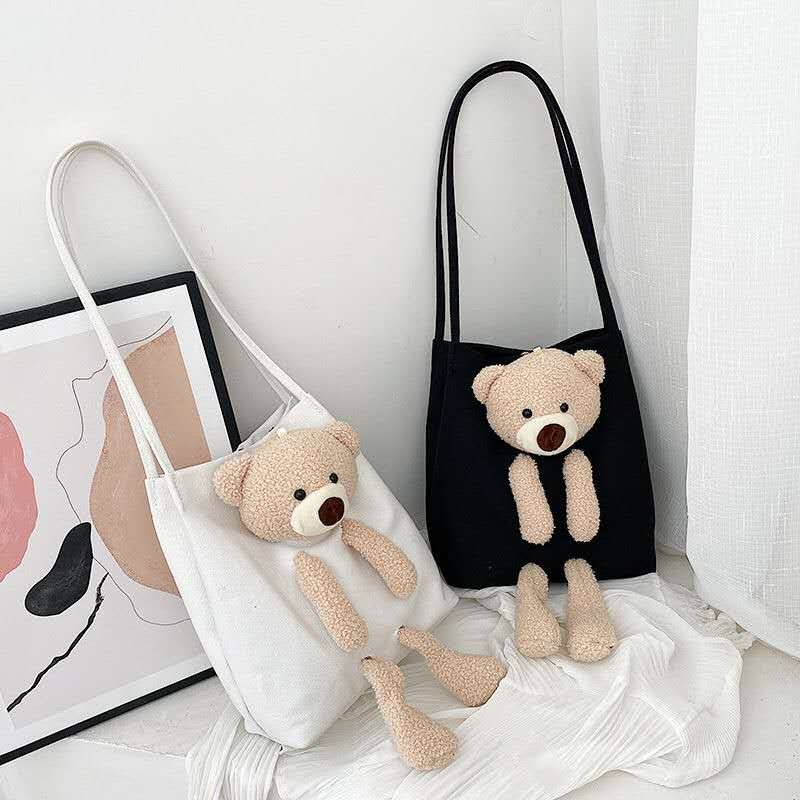 Hình ảnh 【FDM】Túi tote đeo vai bằng vải bố sức chứa lớn hình gấu dễ thương thời trang
