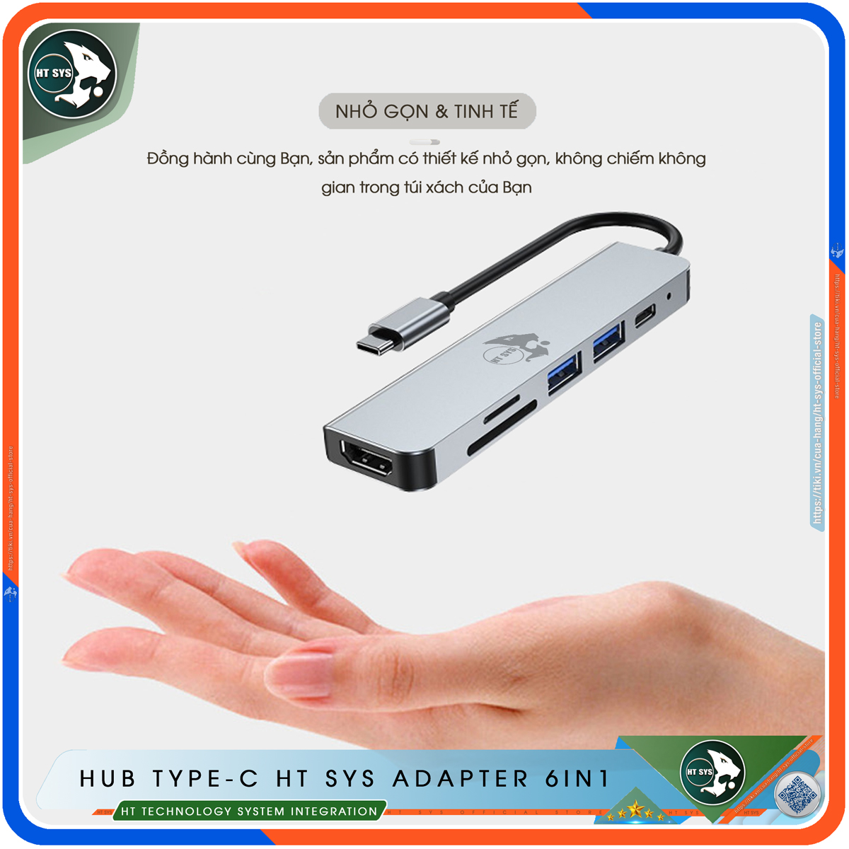 Hub Type C To HDMI HT SYS 6in1 Chuẩn HDTV - Hub Chuyển Đổi USB Type-C 6 Cổng - HDMI 4K, USB 3.0, Sạc Nhanh Type C PD, Khe Đọc Thẻ SD/TF - Kết Nối Tốc Độ Cao - Dành Cho MacBook, Tivi, Laptop, PC, Máy Tính Bảng, Smartphone – Hàng Chính Hãng
