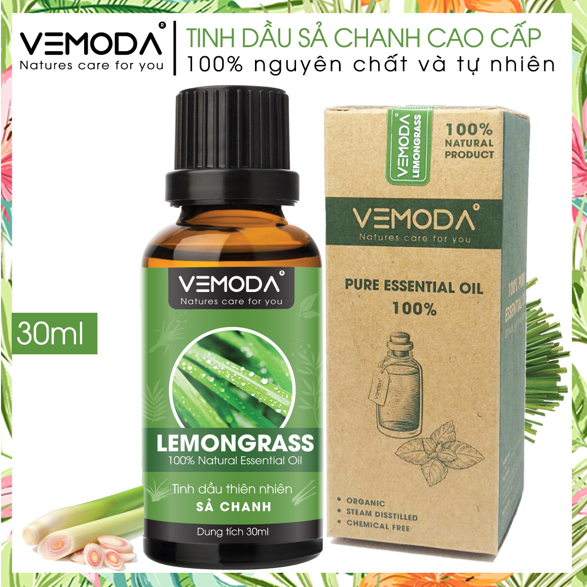 Tinh dầu Sả chanh nguyên chất Vemoda 30ML giúp khử mùi, xua đuổi côn trùng, chống trầm cảm, giải cảm, làm đẹp