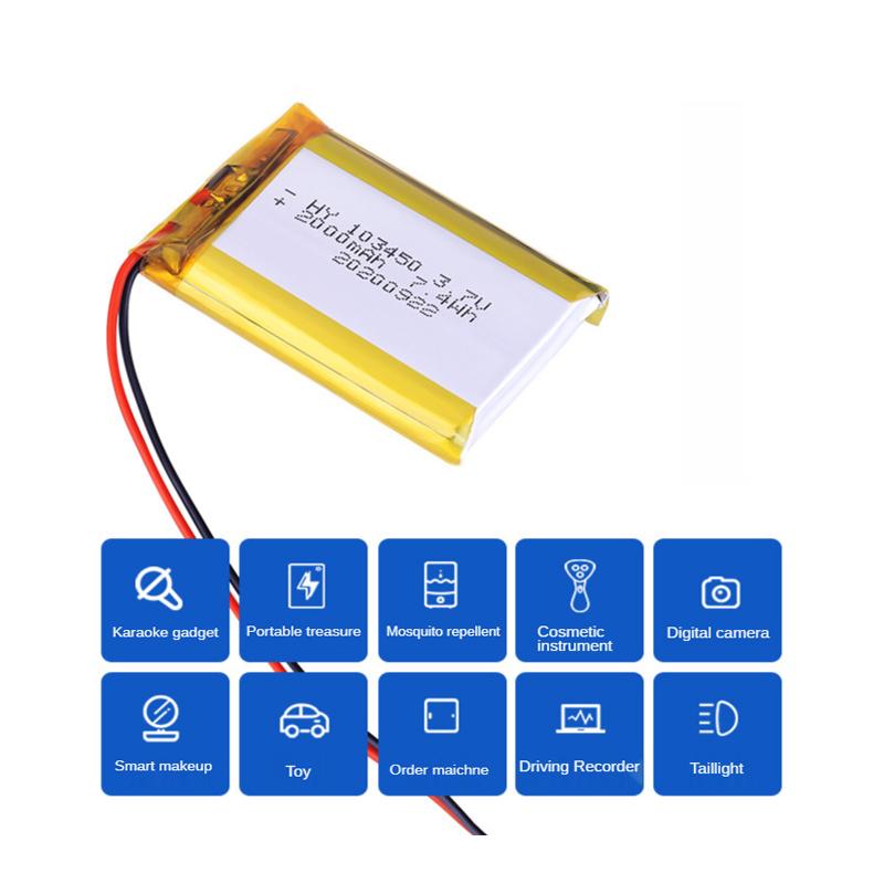 100% Dung lượng thực103450 Pin sạc 3.7V 2000mAh Polymer Lithium cho Camera Loa Bluetooth PH 2.0mm Phích cắm 2 chân Điện áp danh định: 3.7V