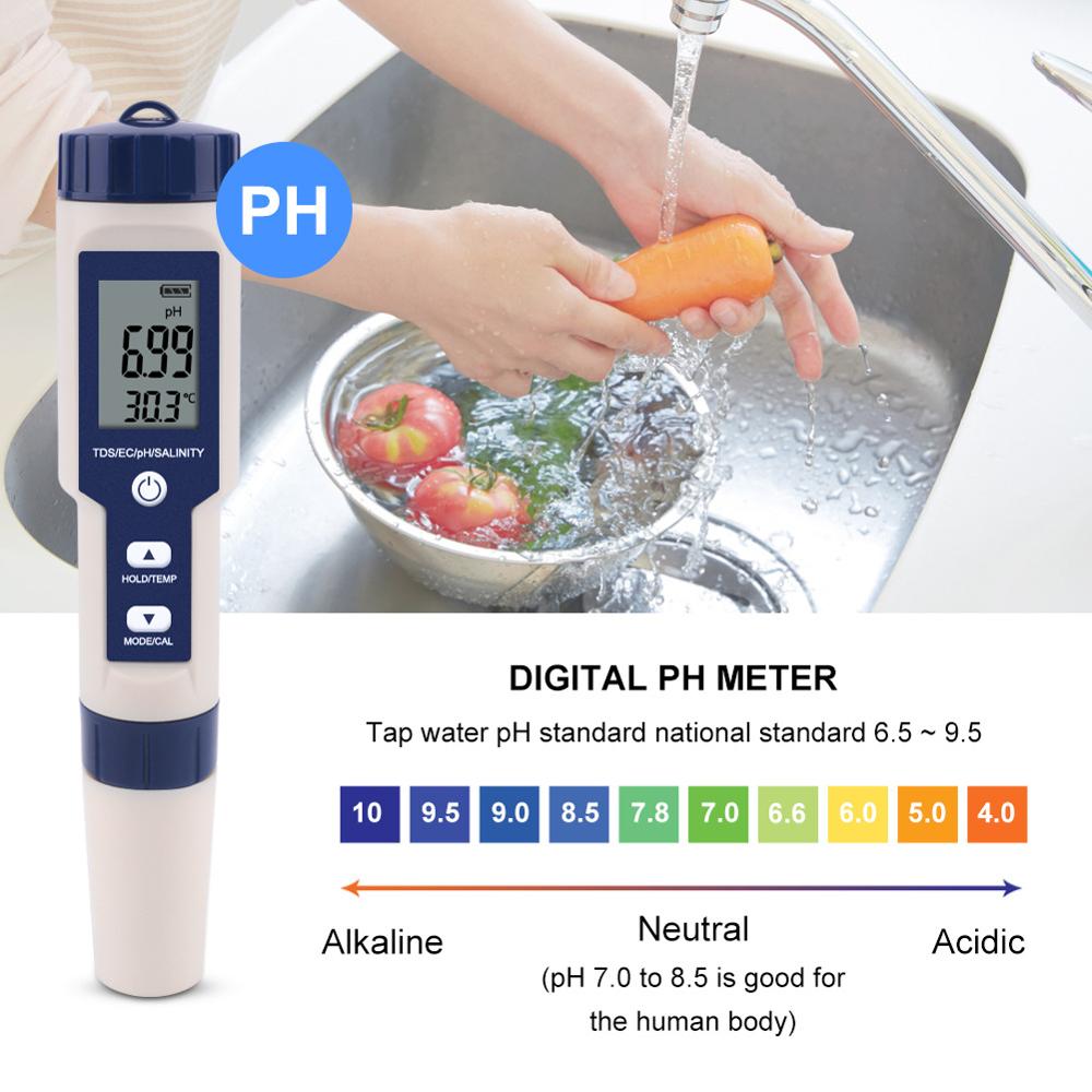 Máy Đo Kiểm Tra Chất Lượng Nước : 5 in 1 , Mới Nhất Với Điện Cực Có Thể Thay Thế, Độ chính xác cao, Có Thể Đo Độ Mặn Nước Biển.