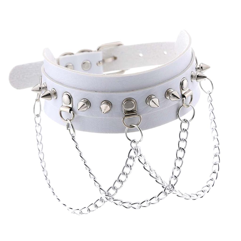 Gothic Pu Leather Choker Women Spike Metal Chain Necklace Punk Jewelry White