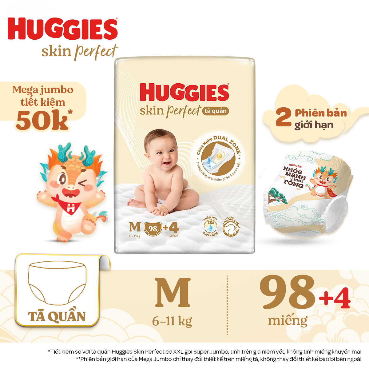 Tã quần Huggies Skin Perfect phiên bản Rồng giới hạn Mega Jumbo M98+4 miếng với 2 vùng thấm giảm kích ứng da