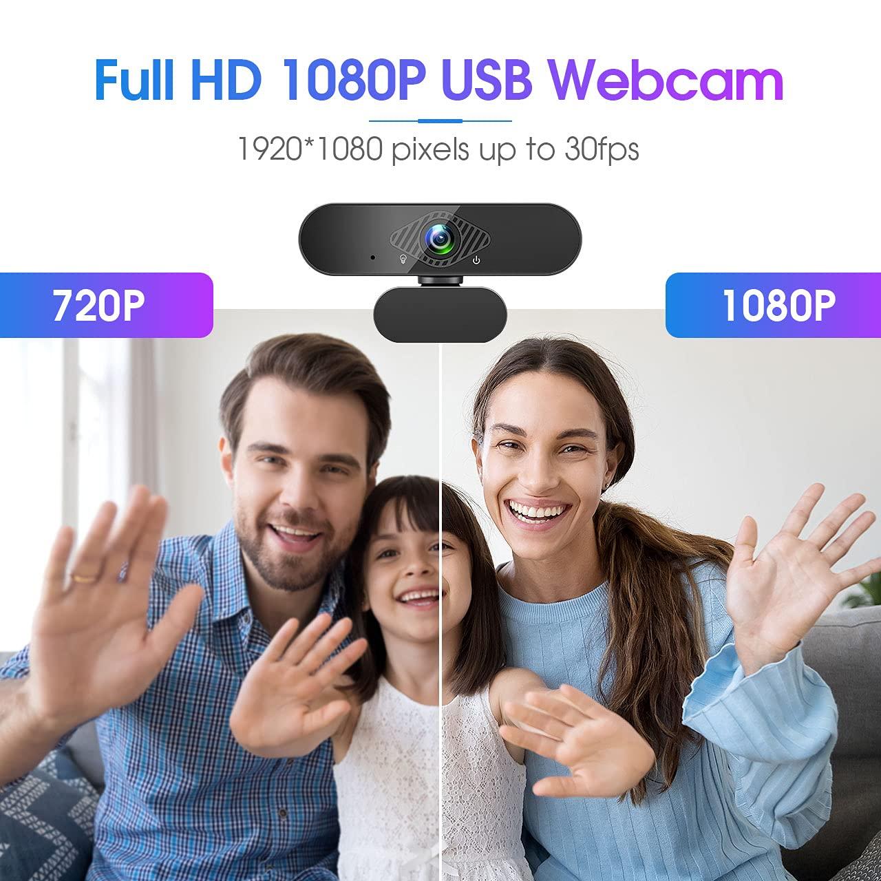 Webcam PC có Mic, Camera web Full HD 1080P với Micrô khử tiếng ồn, Camera PC USB xoay 360° để trò chuyện và ghi video, Tương thích với Windows, Mac và Android