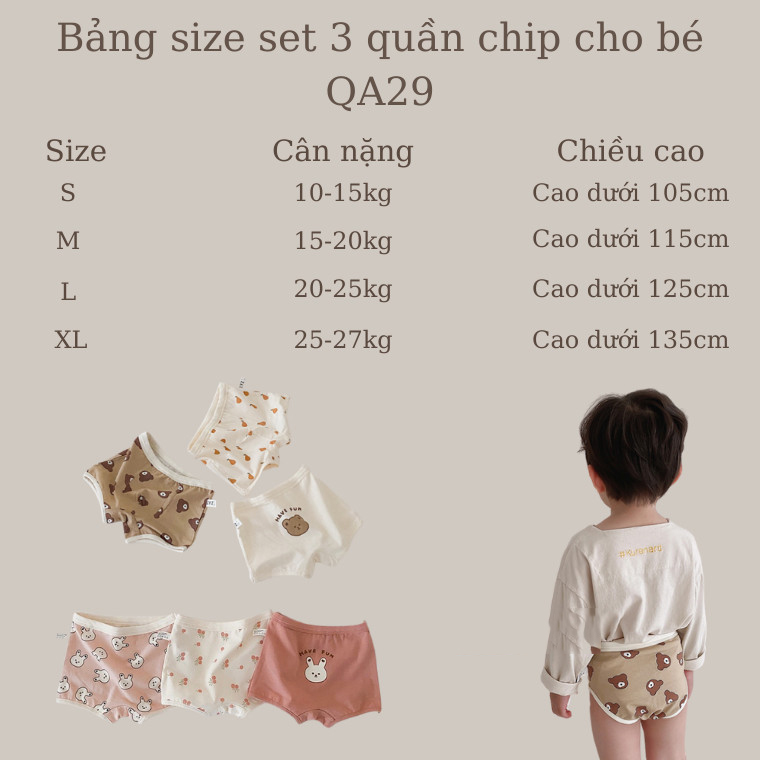Set 3 quần chip chất liệu cotton họa tiết gấu thỏ dễ thương cho bé QA29 Mimo Baby