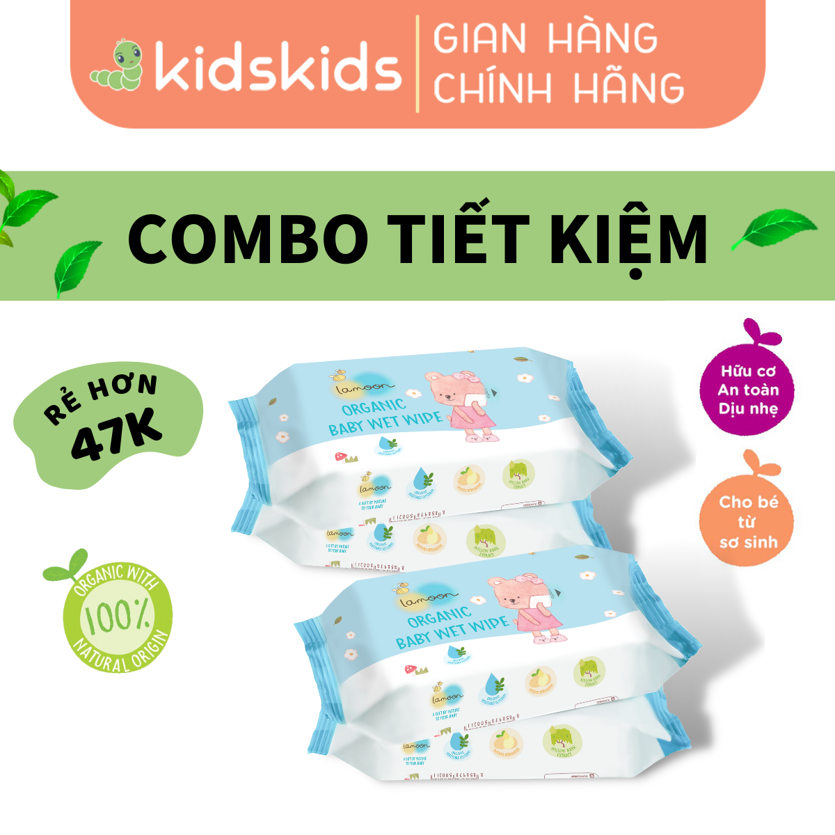 COMBO 4 bịch Khăn ướt Organic an toàn cho mẹ bầu và bé từ sơ sinh Lamoon (4 bịch x 80 miếng)