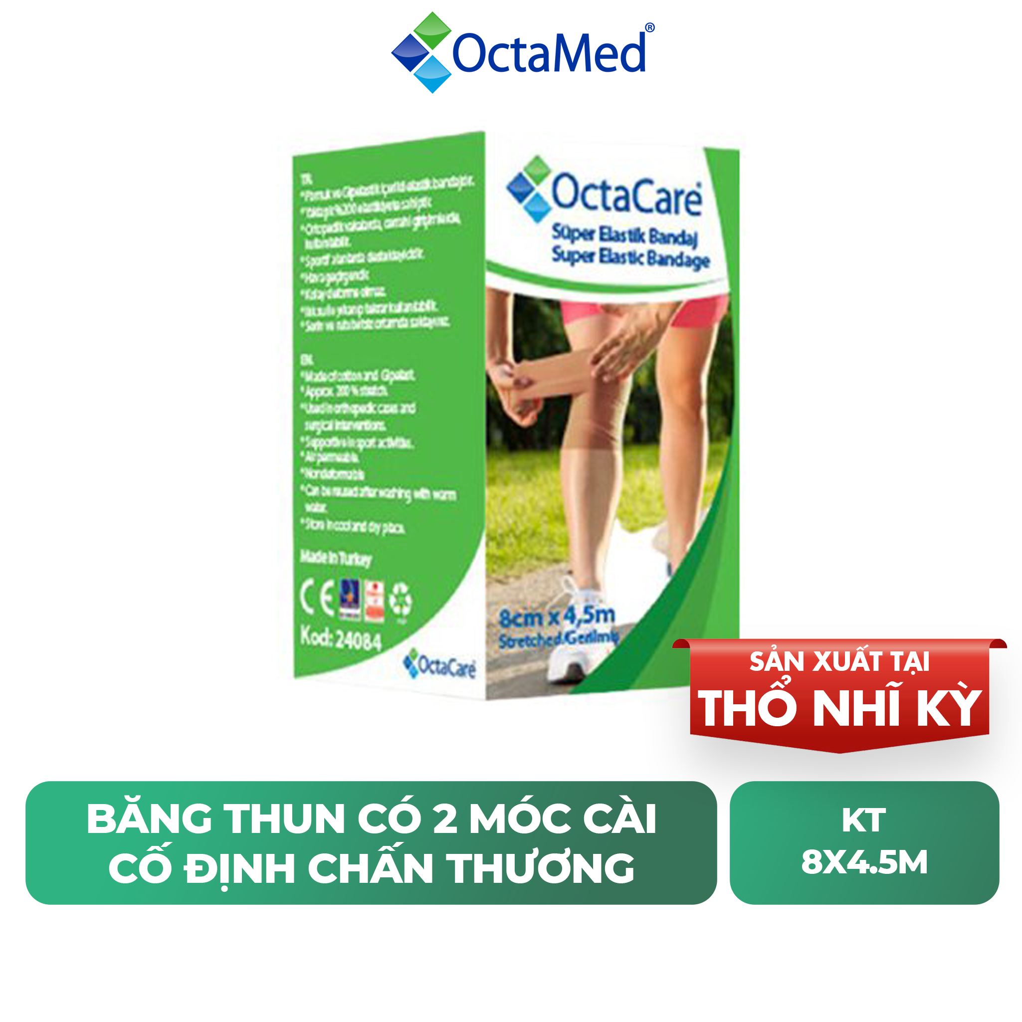 Băng thun 2 móc băng bó cố định bong gân, gãy xương Octacare - Hộp 1 cuộn 8x4.5m