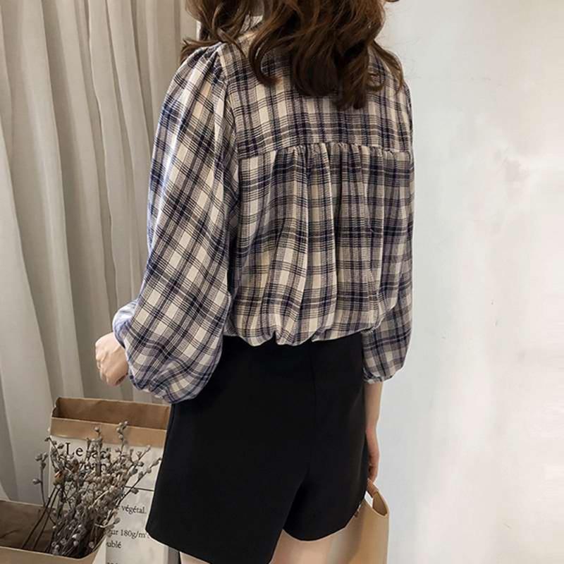 Áo tay dài cổ V kẻ sọc caro màu trơn cổ điển cho nữ