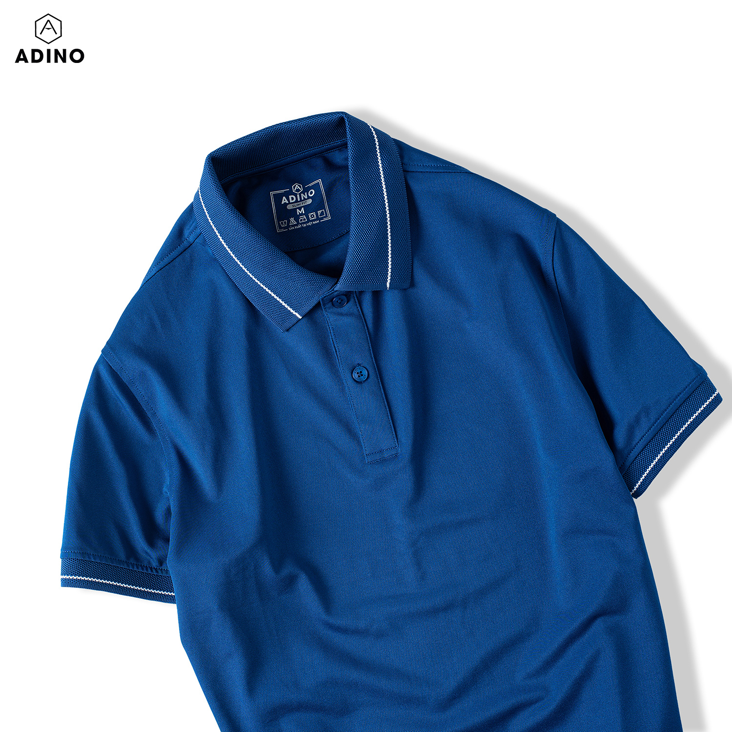 Hình ảnh Áo thun có cổ nam màu xanh dương phối viền ADINO vải polyester cotton mềm mịn dáng slimfit công sở trẻ trung AP95