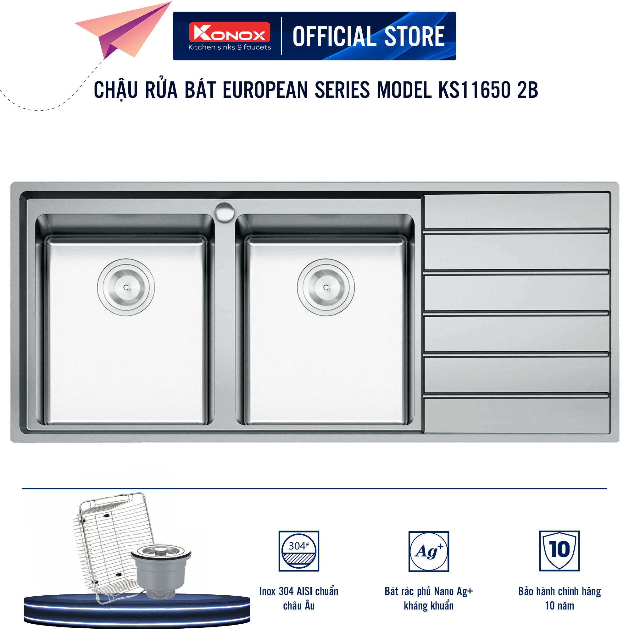 Chậu rửa bát Konox, European Series, Model Premium KS11650 2B , Inox 304AISI tiêu chuẩn châu Âu, 1160x500x215(mm), Hàng chính hãng