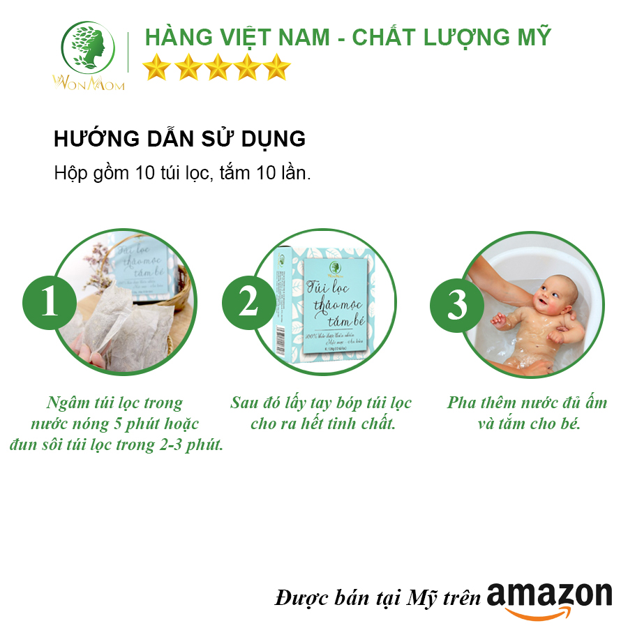 Hình ảnh Túi lọc thảo mộc tắm bé ngăn ngừa rôm sảy, dưỡng da và tóc bé mềm mại Wonmom 120g ( 10 Túi/ Hộp )