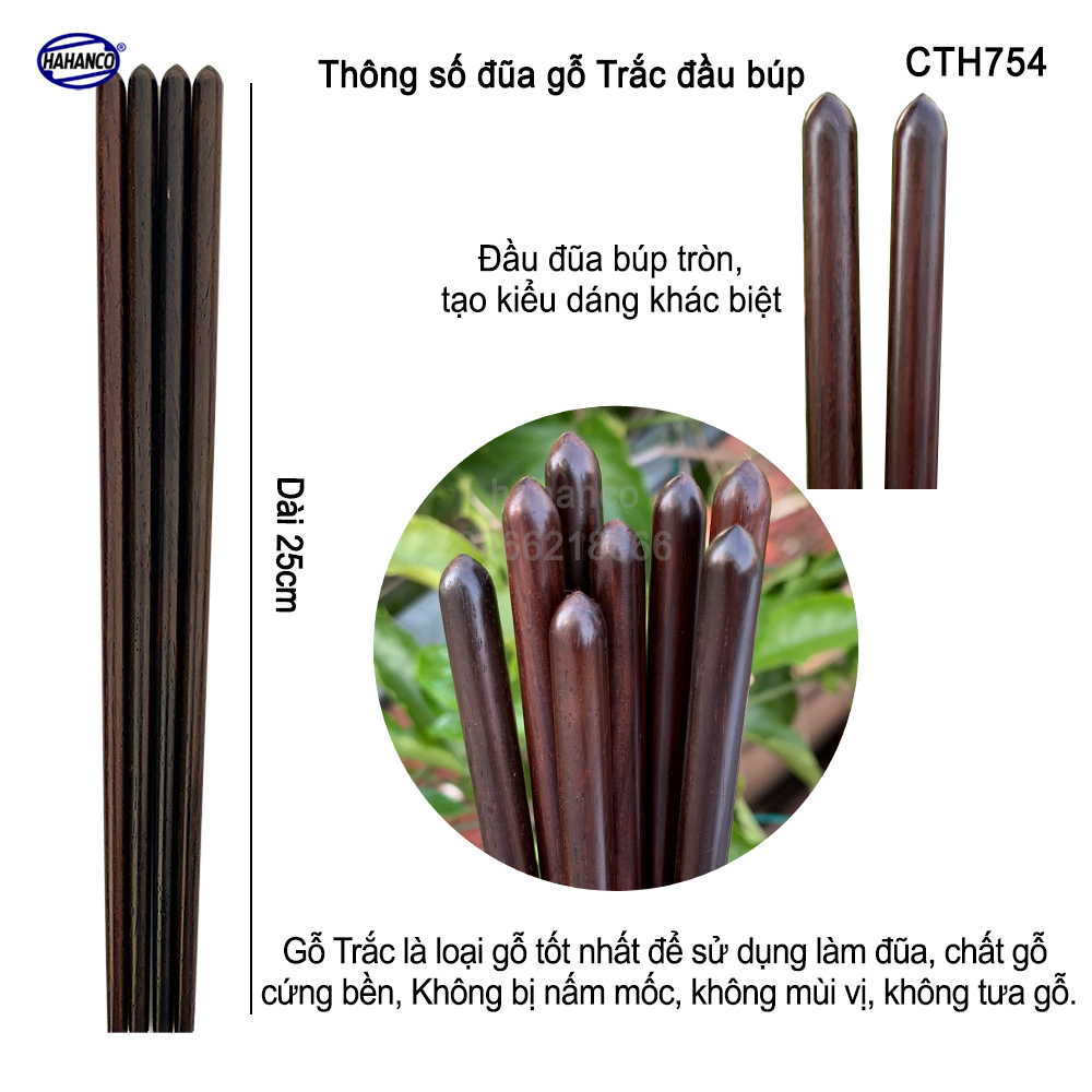 Đũa đầu búp gỗ Trắc Việt Nam Siêu sạch (10 đôi) Kháng khuẩn, không nấm mốc (CTH754) để mộc siêu bền - an toàn sức khỏe