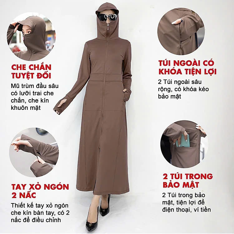 Áo khoác chống nắng nữ toàn thân 2 lớp cao cấp mũ trùm đầu tay xỏ ngón UPF50+ MÀU XÁM ĐẬM Size XL 53-66kg Vải Umi Cotton Co Dãn 4 Chiều Dày Dặn Làm Mát | Thời Trang | Đa Dụng