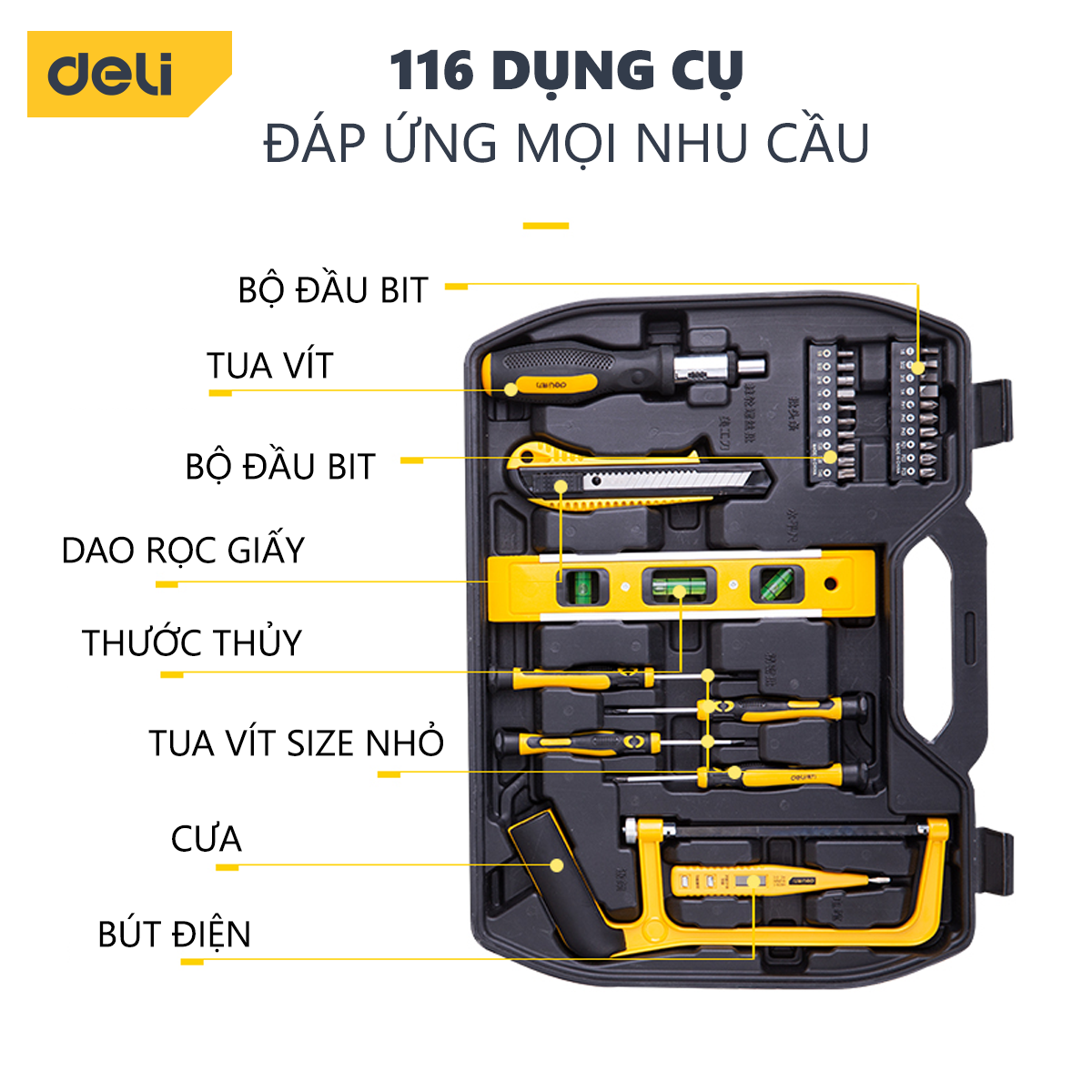 Bộ Dụng Cụ Sửa Chữa Đa Năng 116 Chi Tiết Deli Cao Cấp Chính Hãng - Sử Dụng Nhiều Mục Đích, An Toàn, TIện Lợi - DL5973