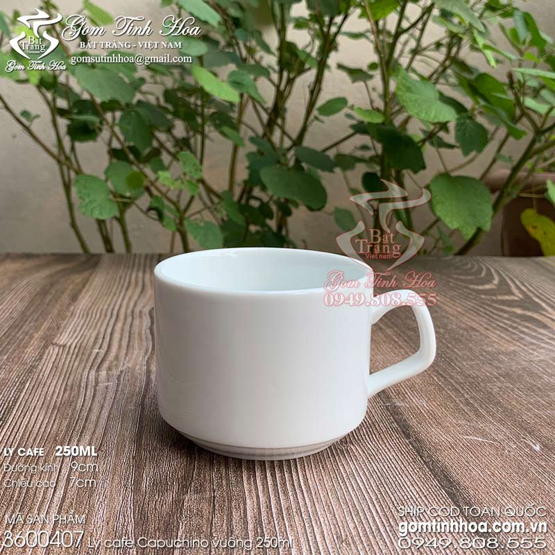 Ly tách sứ uống cafe capuchino 250ml dáng vuông men trắng gốm sứ Bát Tràng cao cấp