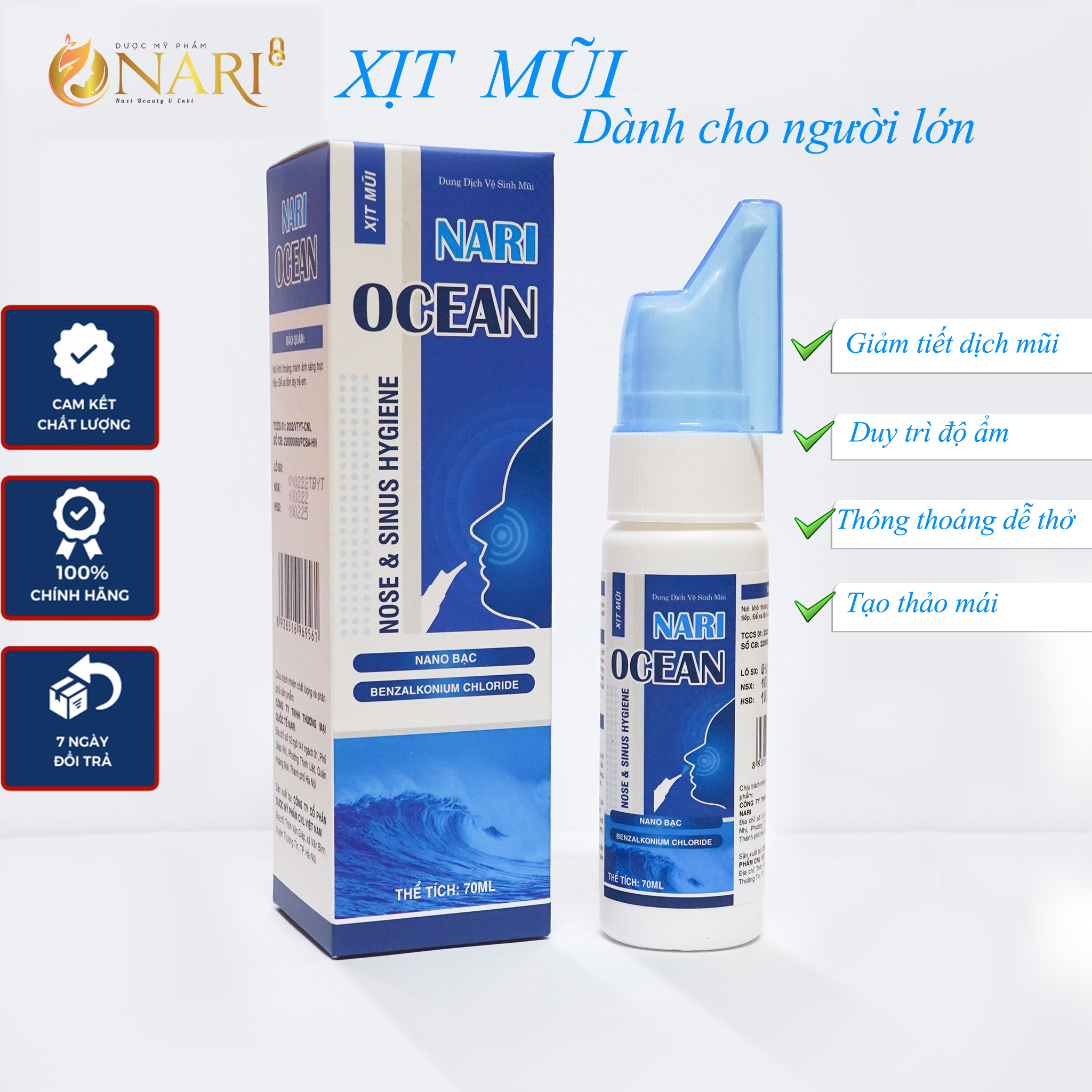 Xịt mũi Ocean chính hãng Nari với Nano Bạc và tinh dầu khuynh diệp giúp sạch vi khuẩn vi nấm đường hô hấp Giảm tiết dịch mũi , giúp khoang mũi thông thoáng , dễ thở , duy trì độ ẩm cho niêm mạc mũi lọ 70 ml